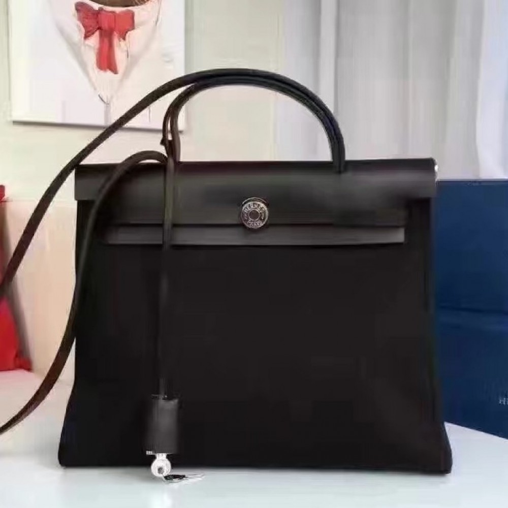 Hermes Herbag Zip PM 31cm Bag In Black Canvas LDBS242292