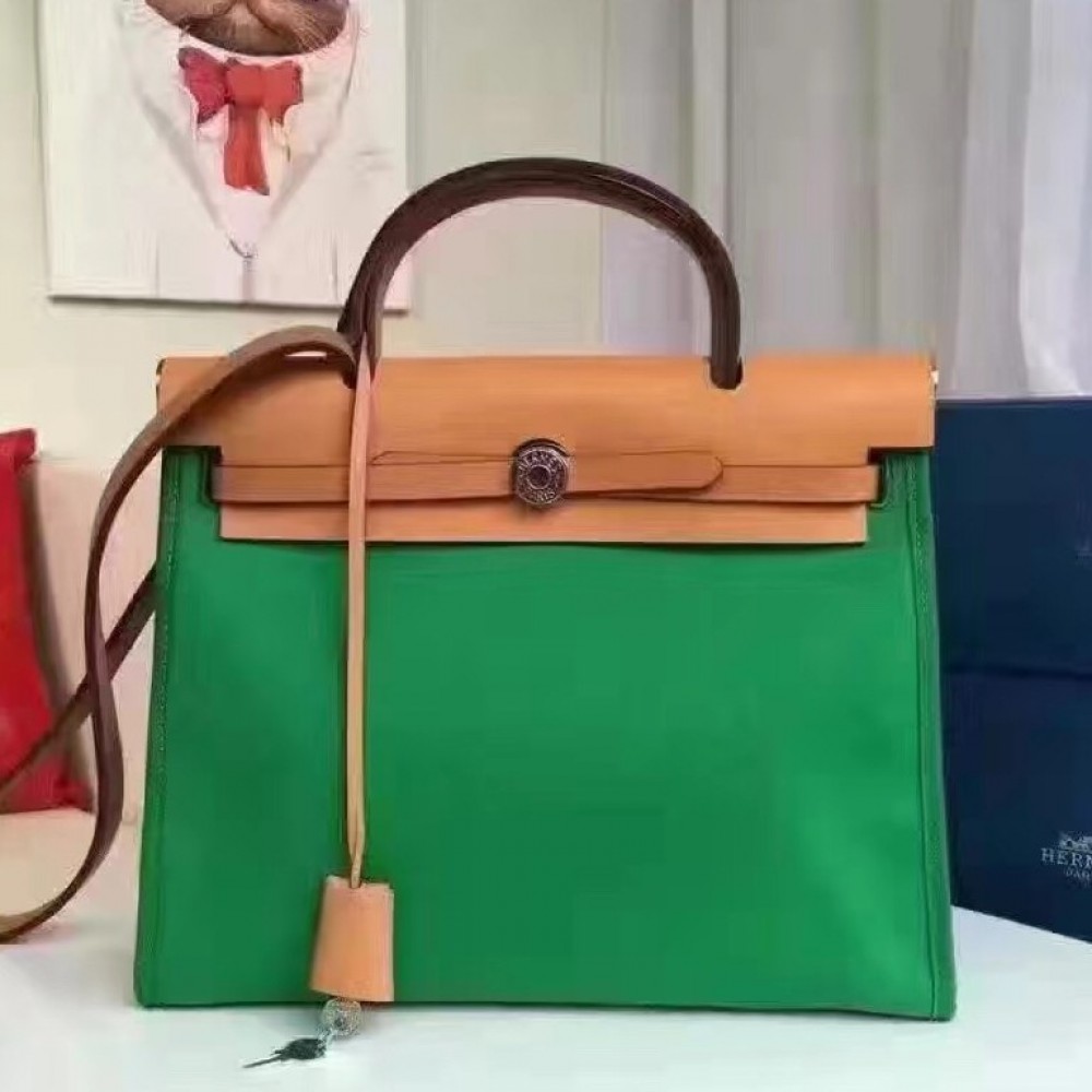 Hermes Herbag Zip PM 31cm Bag In Green Canvas LDBS242296