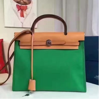 Hermes Herbag Zip PM 31cm Bag In Green Canvas LDBS242296