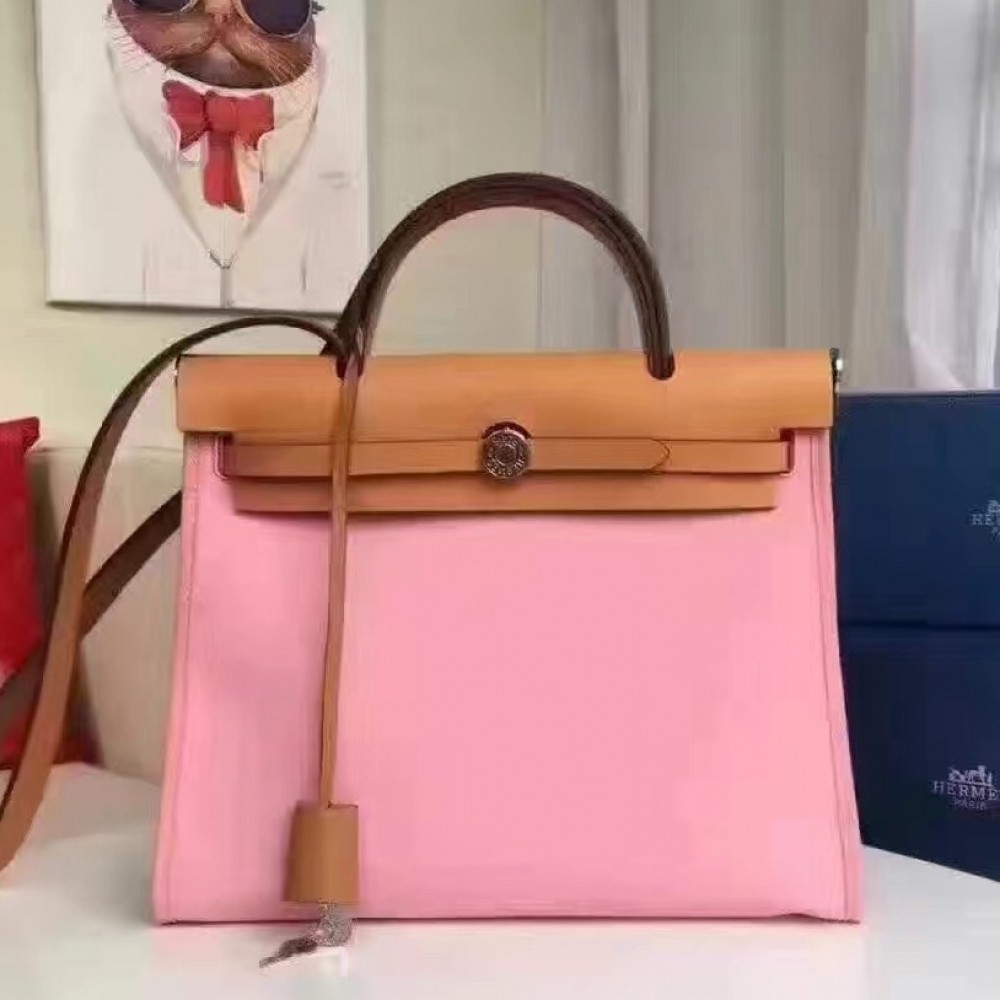 Hermes Herbag Zip PM 31cm Bag In Pink Canvas LDBS242298