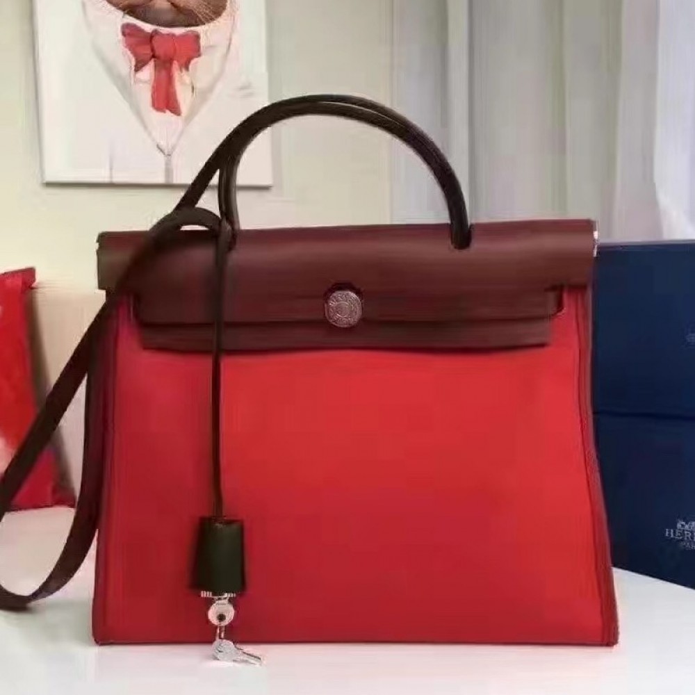 Hermes Herbag Zip PM 31cm Bag In Red Canvas LDBS242299