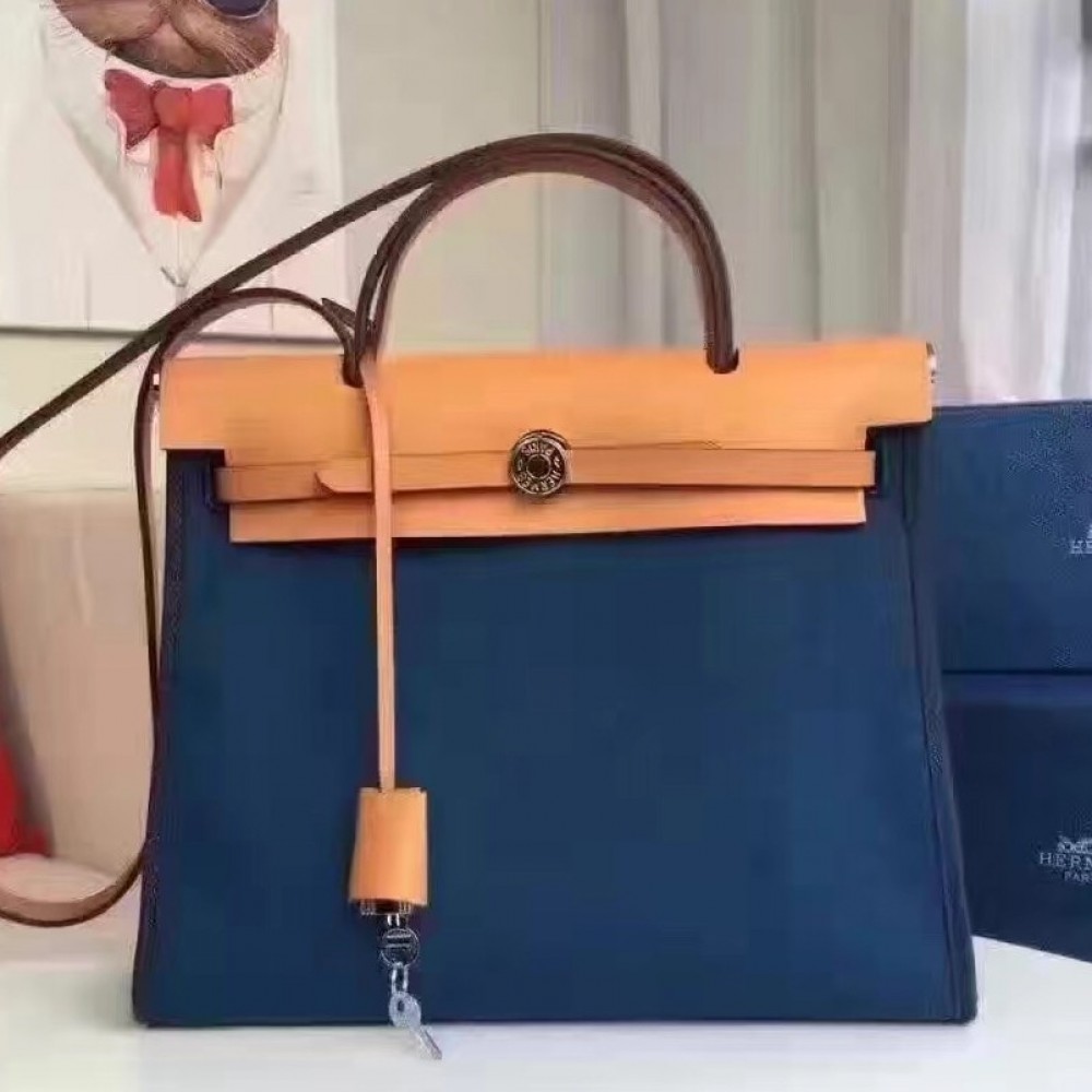 Hermes Herbag Zip PM 31cm Bag In Sapphire Canvas LDBS242300