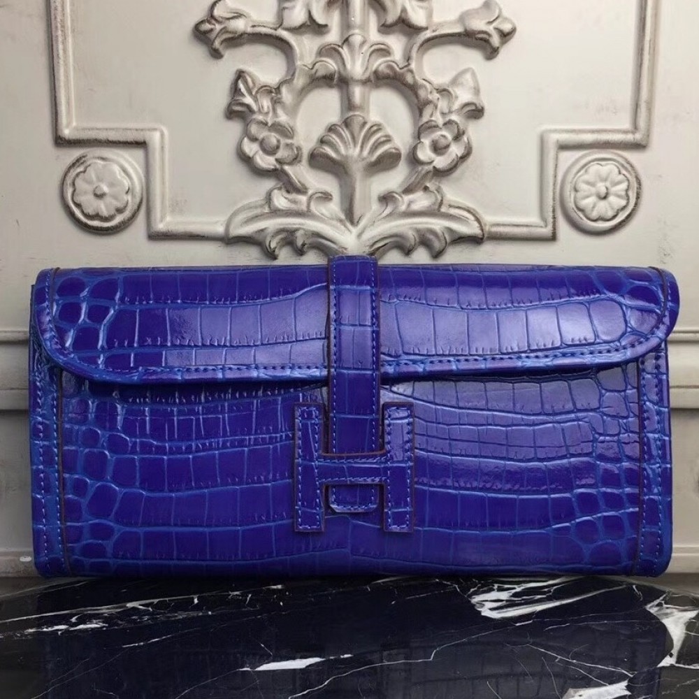 Hermes Jige Elan 29 Clutch In Blue Electric Crocodile Leather LDBS242340