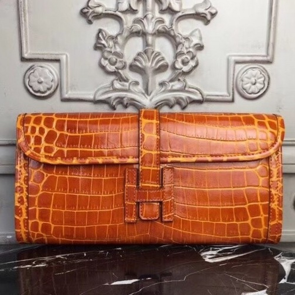 Hermes Jige Elan 29 Clutch In Orange Crocodile Leather LDBS242345