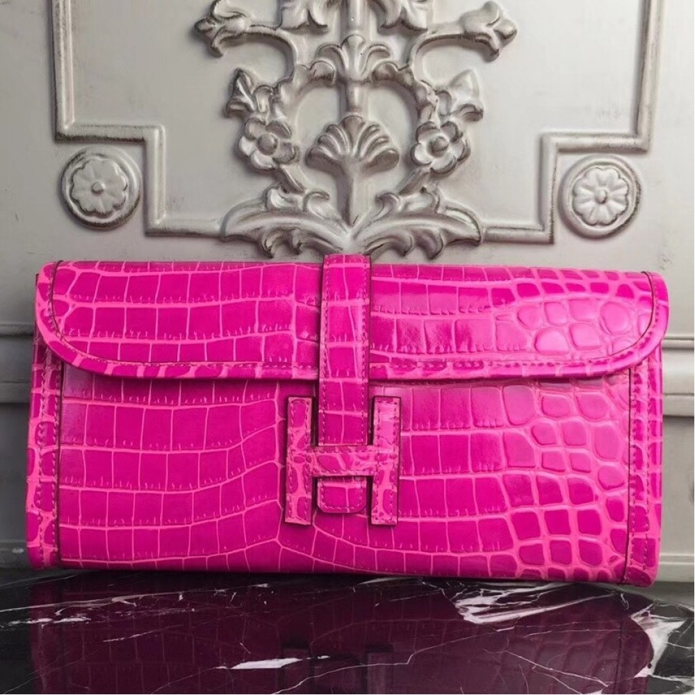 Hermes Jige Elan 29 Clutch In Rose Red Crocodile Leather LDBS242348