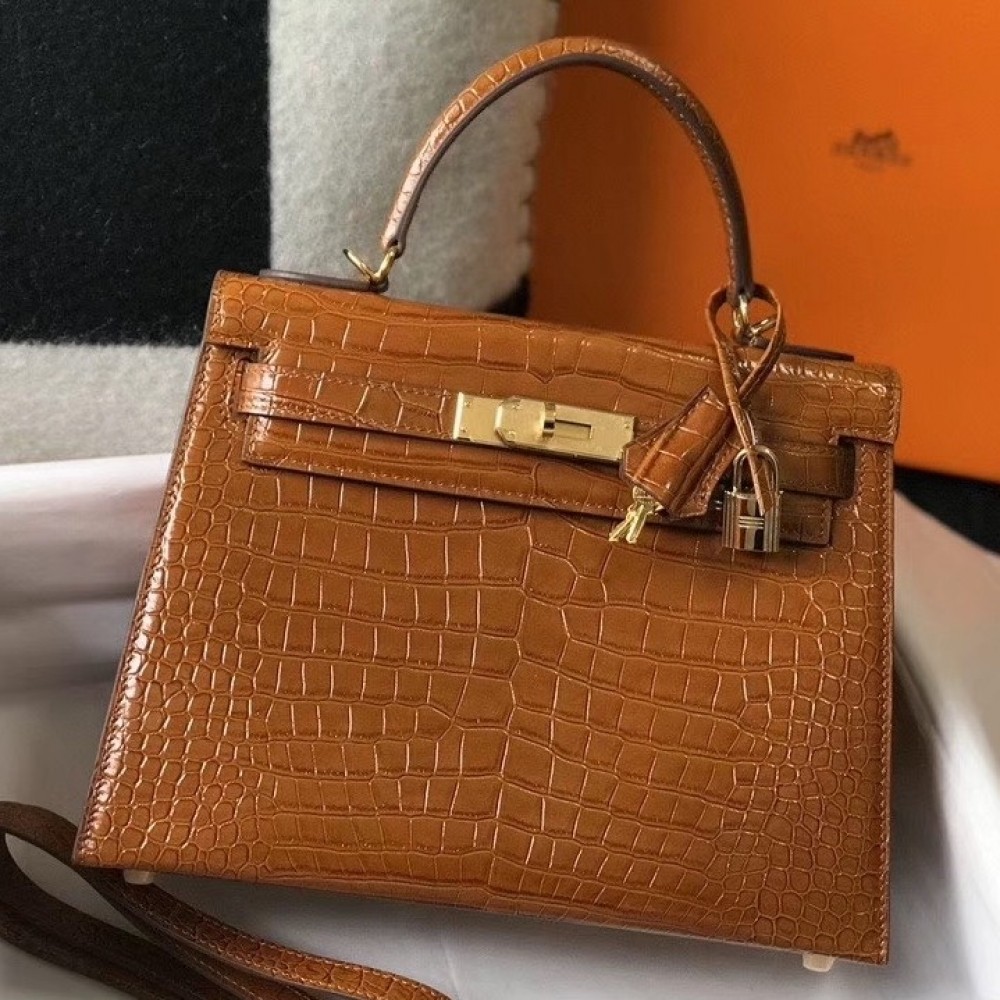 Hermes Kelly 25 cm Bag In Brown Embossed Crocodile LDBS242350