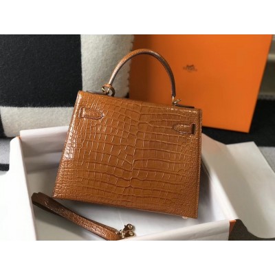 Hermes Kelly 25 cm Bag In Brown Embossed Crocodile LDBS242350