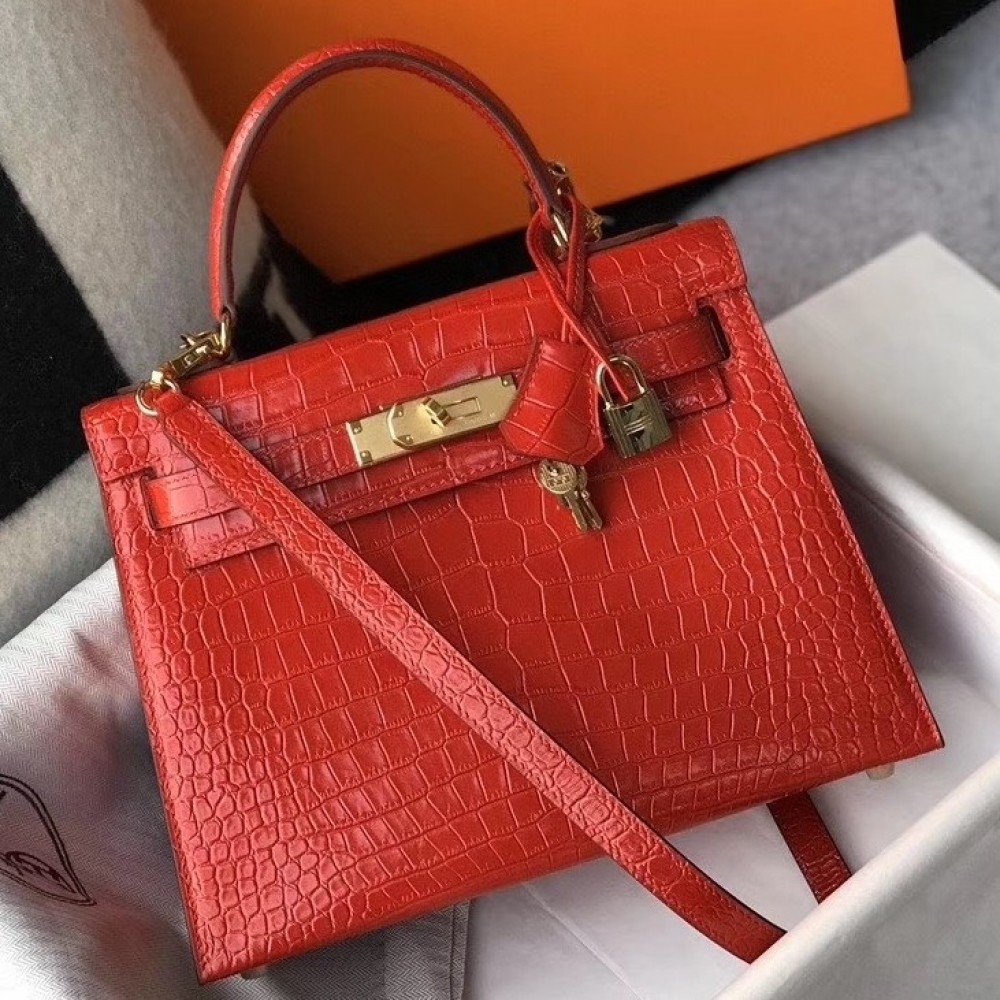 Hermes Kelly 25 cm Bag In Red Embossed Crocodile LDBS242354