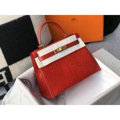 Hermes Kelly 25 cm Bag In Red Embossed Crocodile LDBS242354