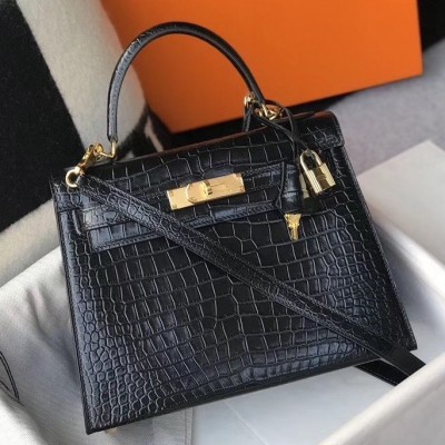 Hermes Kelly 25cm Bag In Black Embossed Crocodile LDBS242349