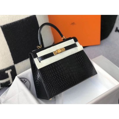 Hermes Kelly 25cm Bag In Black Embossed Crocodile LDBS242349