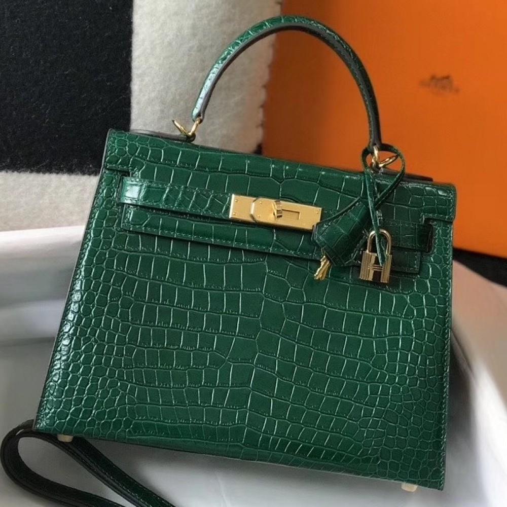 Hermes Kelly 25cm Bag In Green Embossed Crocodile LDBS242351