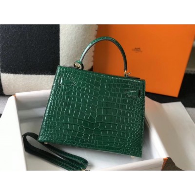 Hermes Kelly 25cm Bag In Green Embossed Crocodile LDBS242351