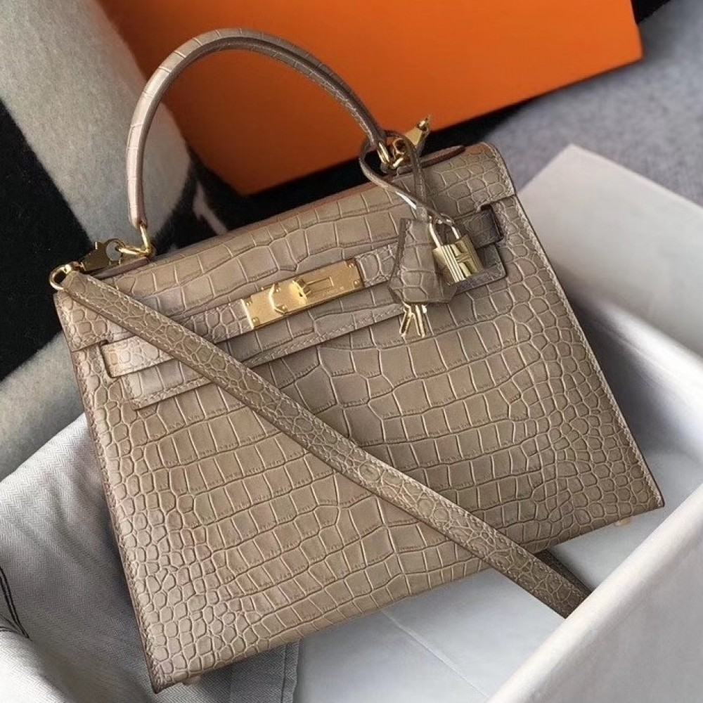 Hermes Kelly 25cm Bag In Taupe Embossed Crocodile LDBS242355