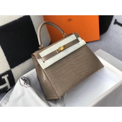 Hermes Kelly 25cm Bag In Taupe Embossed Crocodile LDBS242355