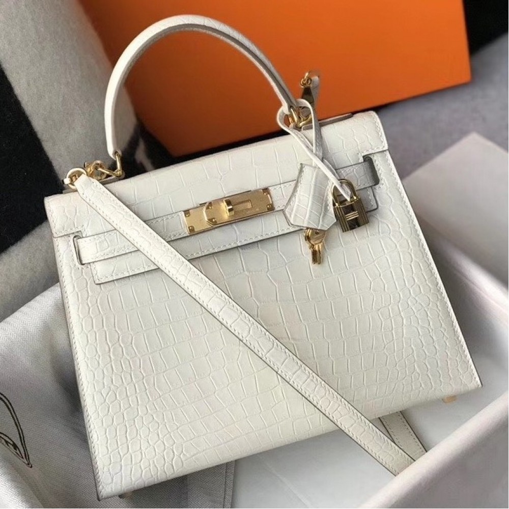 Hermes Kelly 25cm Bag In White Embossed Crocodile LDBS242356