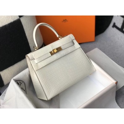 Hermes Kelly 25cm Bag In White Embossed Crocodile LDBS242356