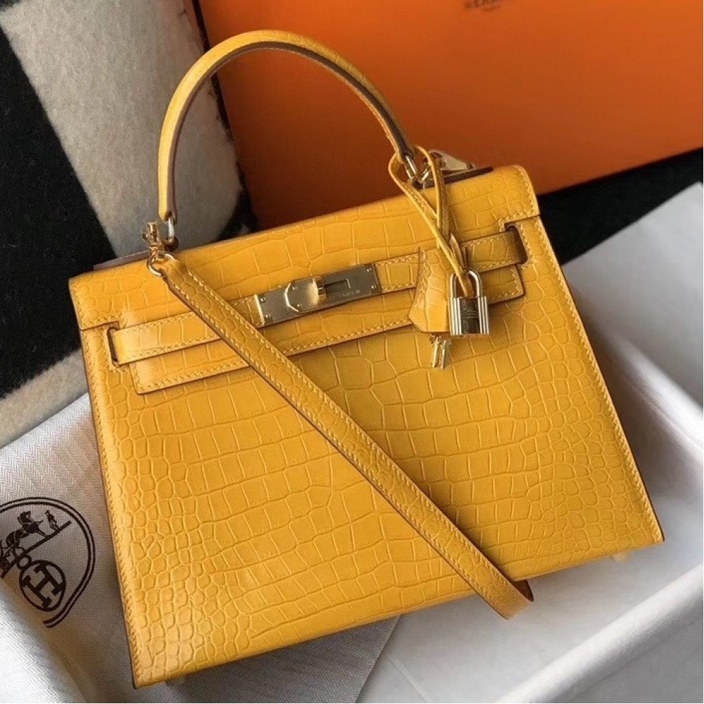 Hermes Kelly 25cm Bag In Yellow Embossed Crocodile LDBS242357