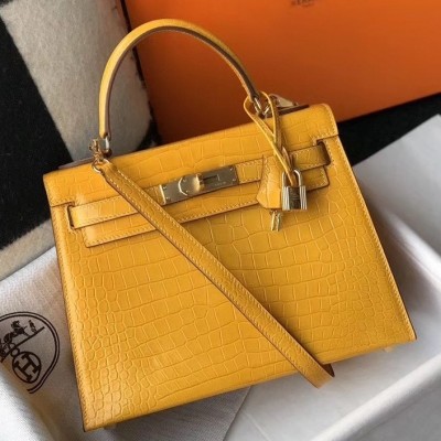 Hermes Kelly 25cm Bag In Yellow Embossed Crocodile LDBS242357