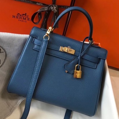 Hermes Kelly 25cm Retourne Bag In Agate Blue Clemence Leather LDBS242358