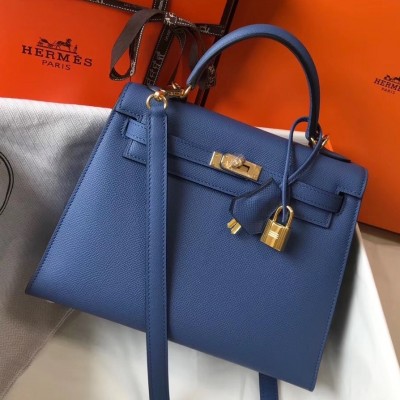 Hermes Kelly 25cm Sellier Bag In Agate Blue Epsom Leather LDBS242360