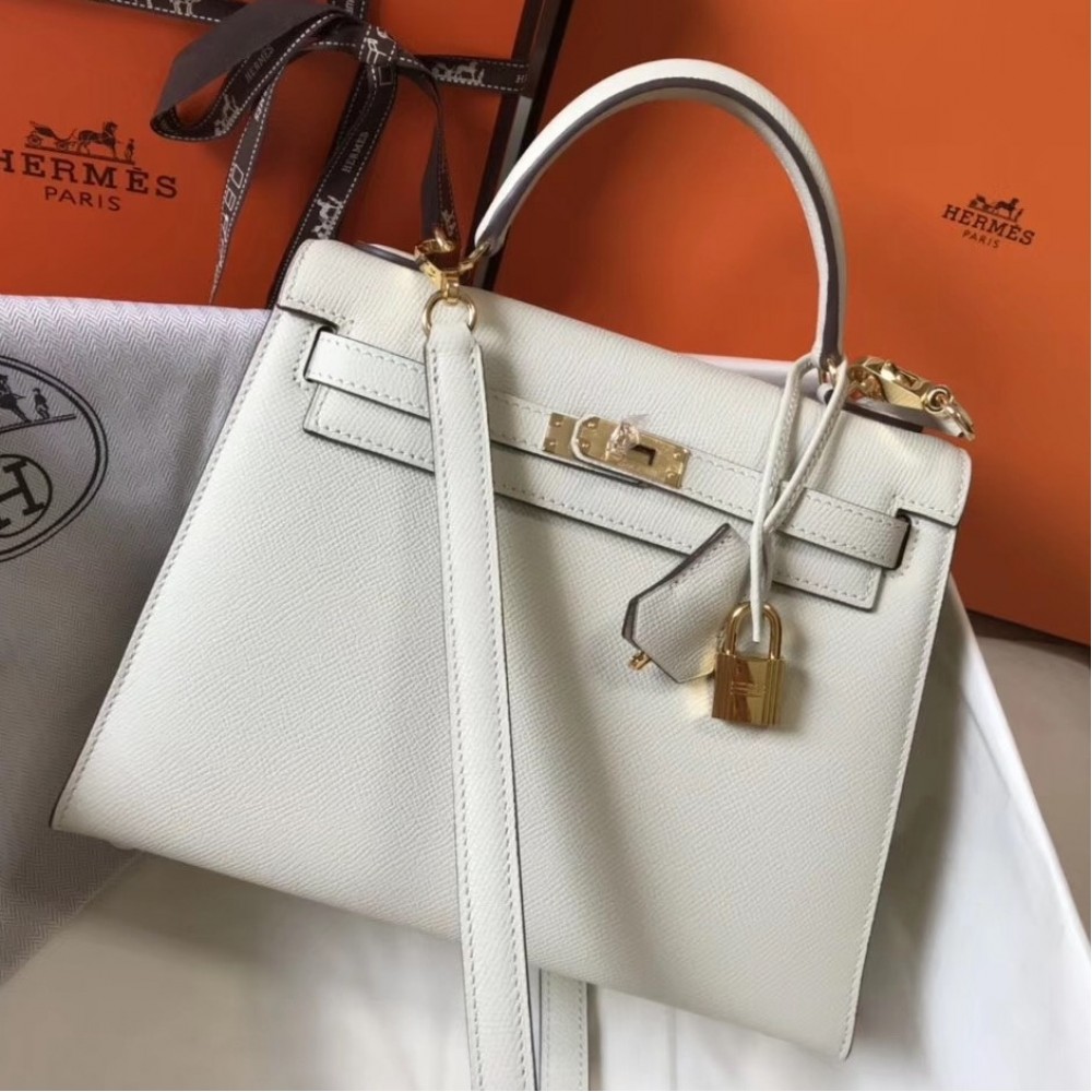 Hermes Kelly 25cm Sellier Bag In White Epsom Leather LDBS242367