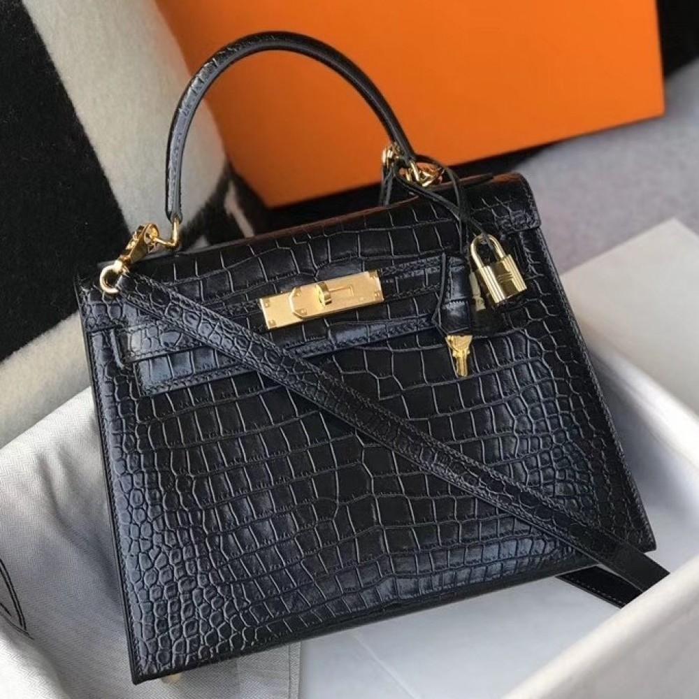 Hermes Kelly 28cm Bag In Black Embossed Crocodile GHW LDBS242369