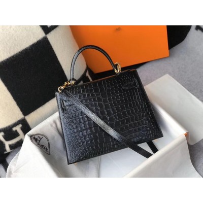 Hermes Kelly 28cm Bag In Black Embossed Crocodile GHW LDBS242369