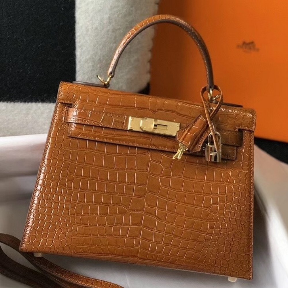 Hermes Kelly 28cm Bag In Brown Embossed Crocodile GHW LDBS242370