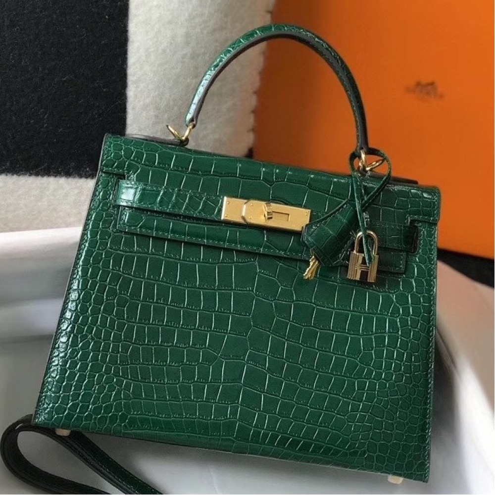 Hermes Kelly 28cm Bag In Green Embossed Crocodile GHW LDBS242371