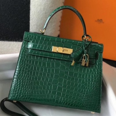 Hermes Kelly 28cm Bag In Green Embossed Crocodile GHW LDBS242371