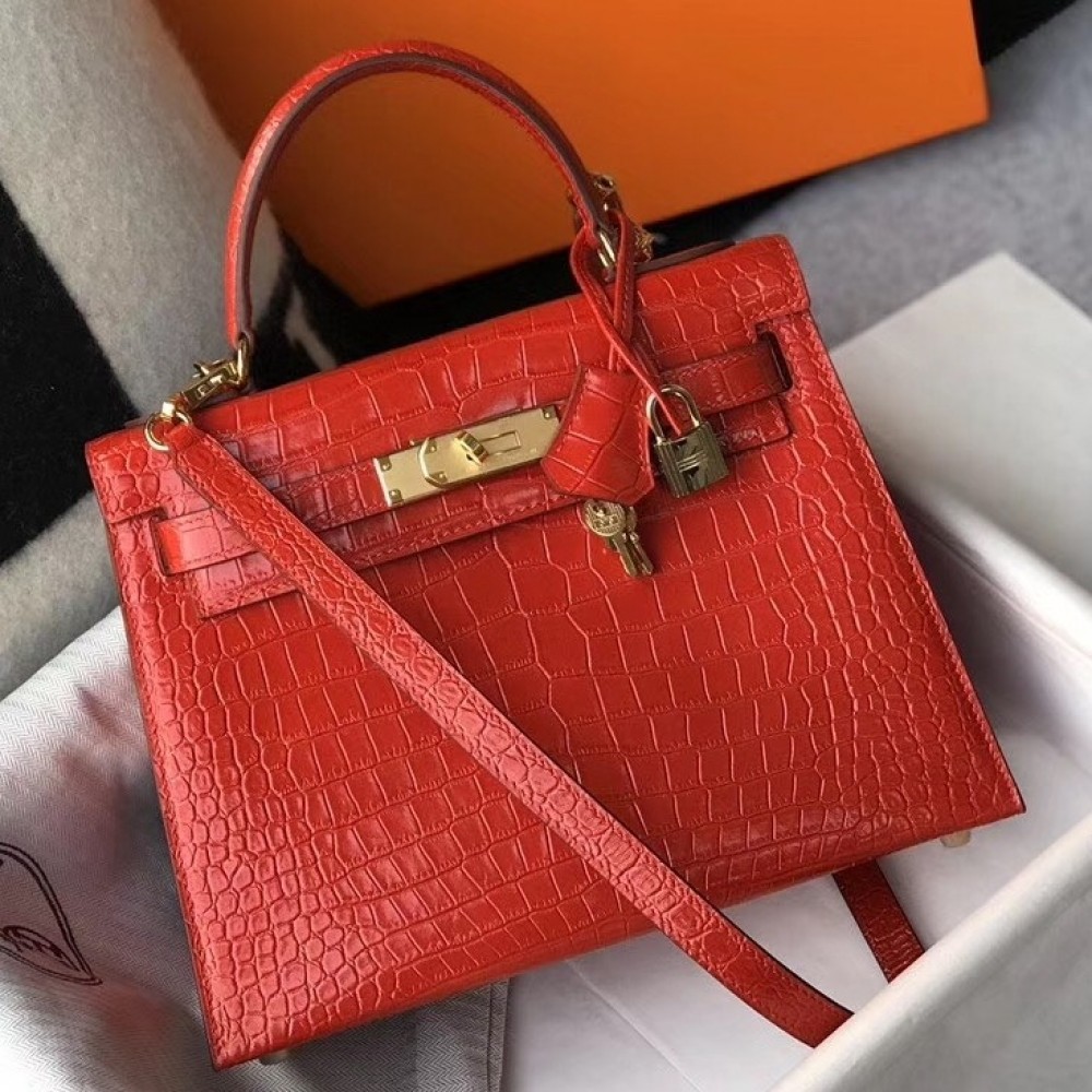 Hermes Kelly 28cm Bag In Red Embossed Crocodile GHW LDBS242374