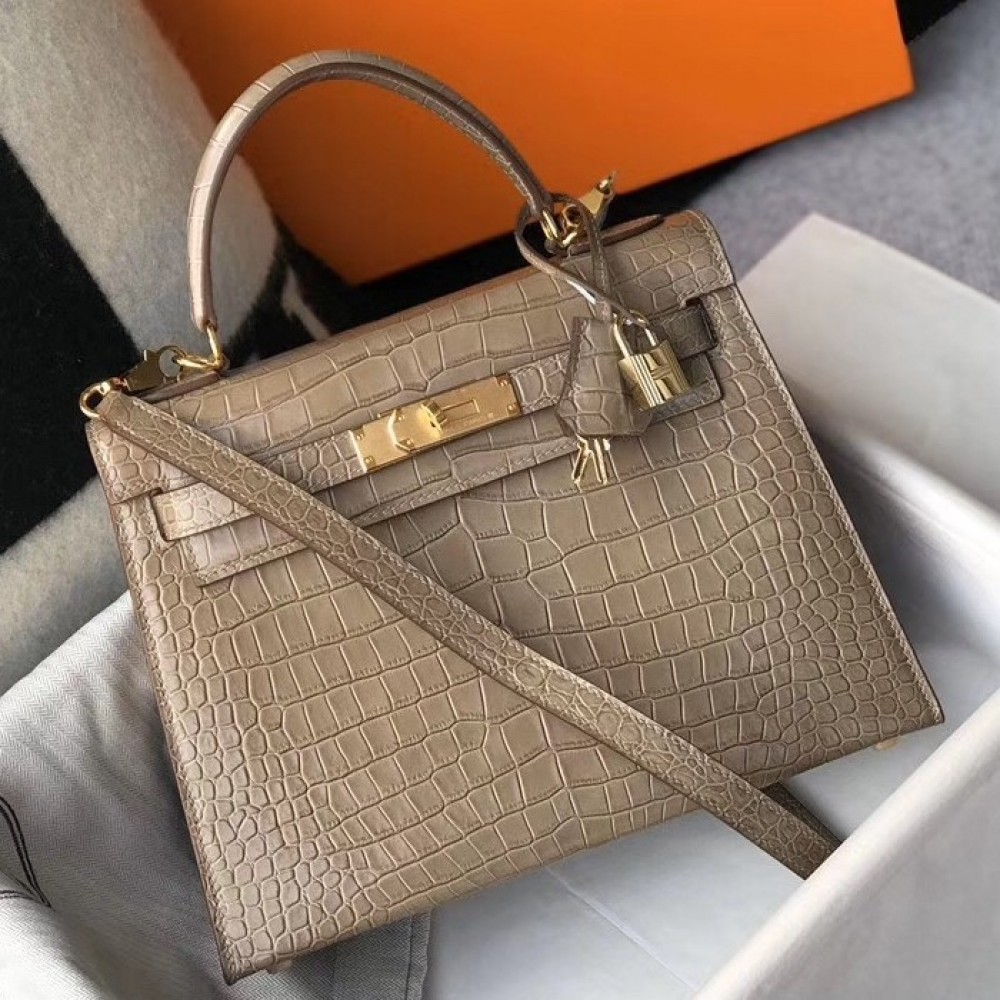 Hermes Kelly 28cm Bag In Taupe Embossed Crocodile GHW LDBS242375