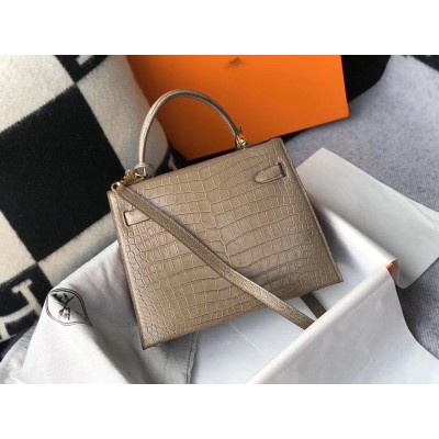 Hermes Kelly 28cm Bag In Taupe Embossed Crocodile GHW LDBS242375