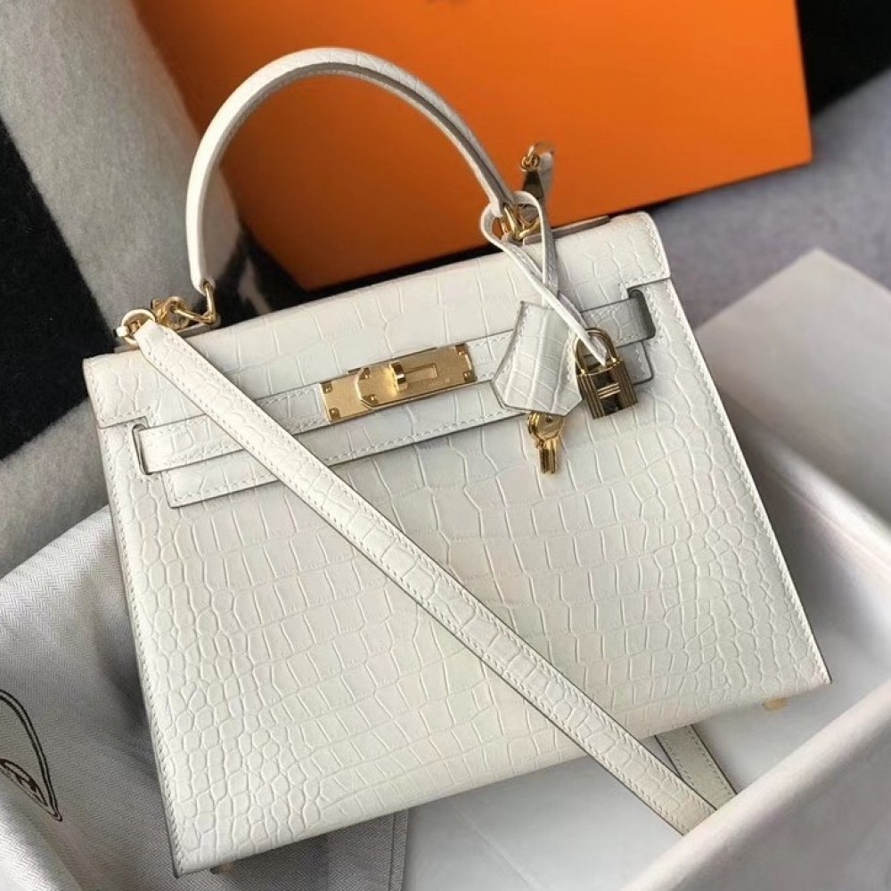 Hermes Kelly 28cm Bag In White Embossed Crocodile GHW LDBS242376