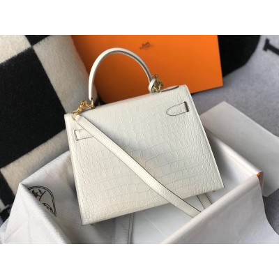 Hermes Kelly 28cm Bag In White Embossed Crocodile GHW LDBS242376