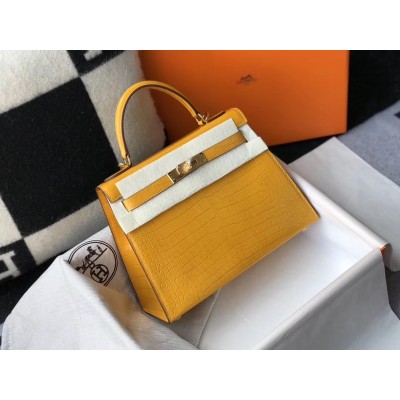 Hermes Kelly 28cm Bag In Yellow Embossed Crocodile GHW LDBS242377