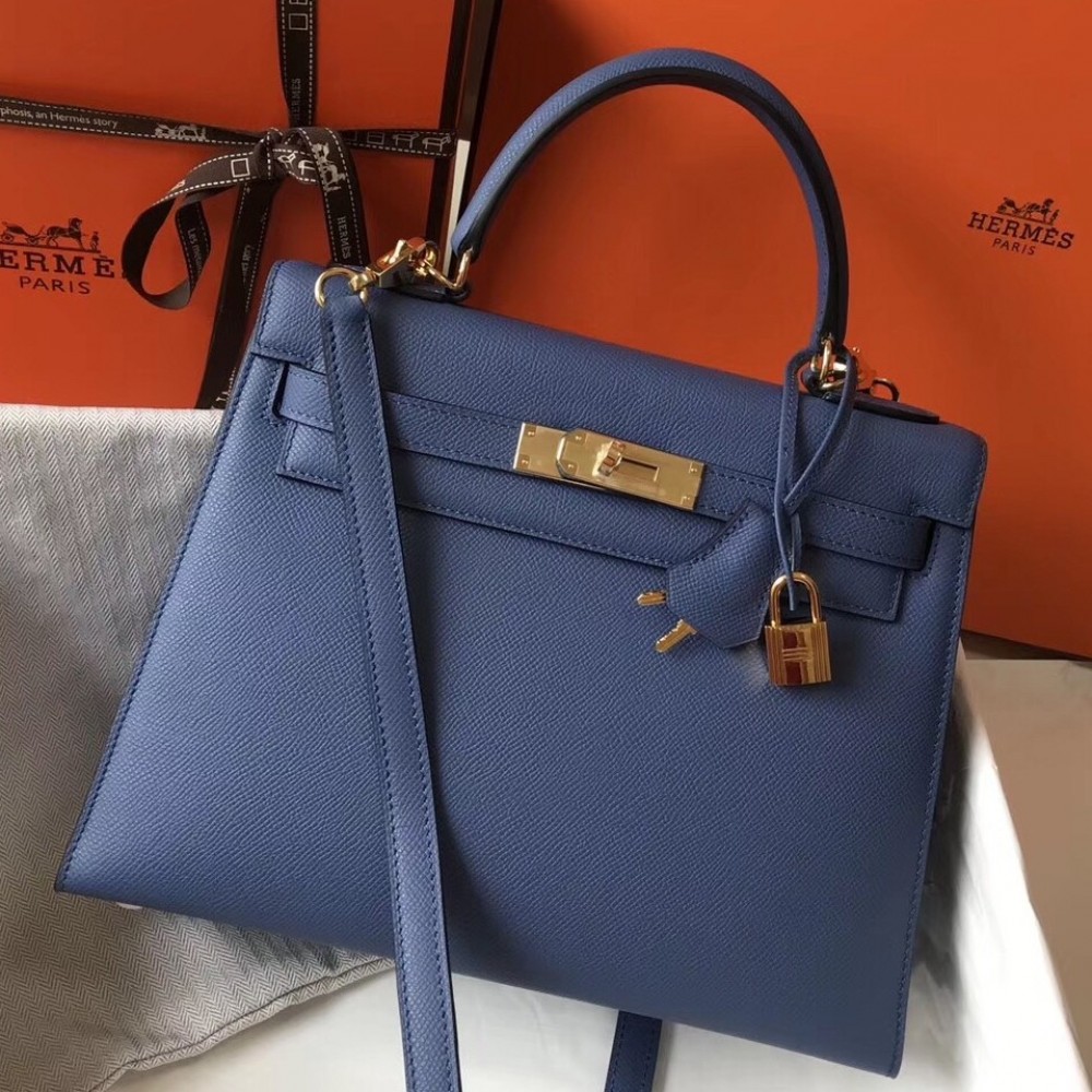 Hermes Kelly 28cm Sellier Bag In Blue Agate Epsom Leather LDBS242386