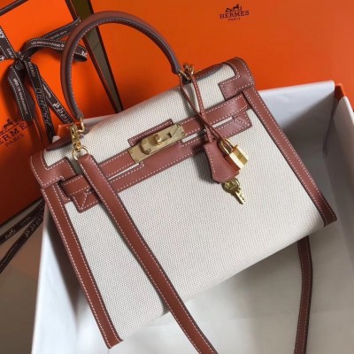 Hermes Kelly 28cm Sellier Bag In Canvas With Barenia Leather LDBS242388