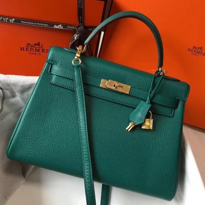 Hermes Kelly 32cm Retourne Bag In Malachite Clemence Leather LDBS242397