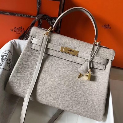 Hermes Kelly 32cm Retourne Bag In Pearl Grey Clemence Leather LDBS242398