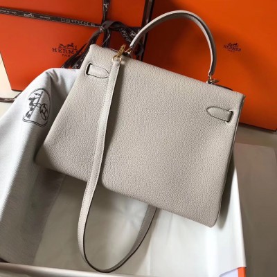 Hermes Kelly 32cm Retourne Bag In Pearl Grey Clemence Leather LDBS242398