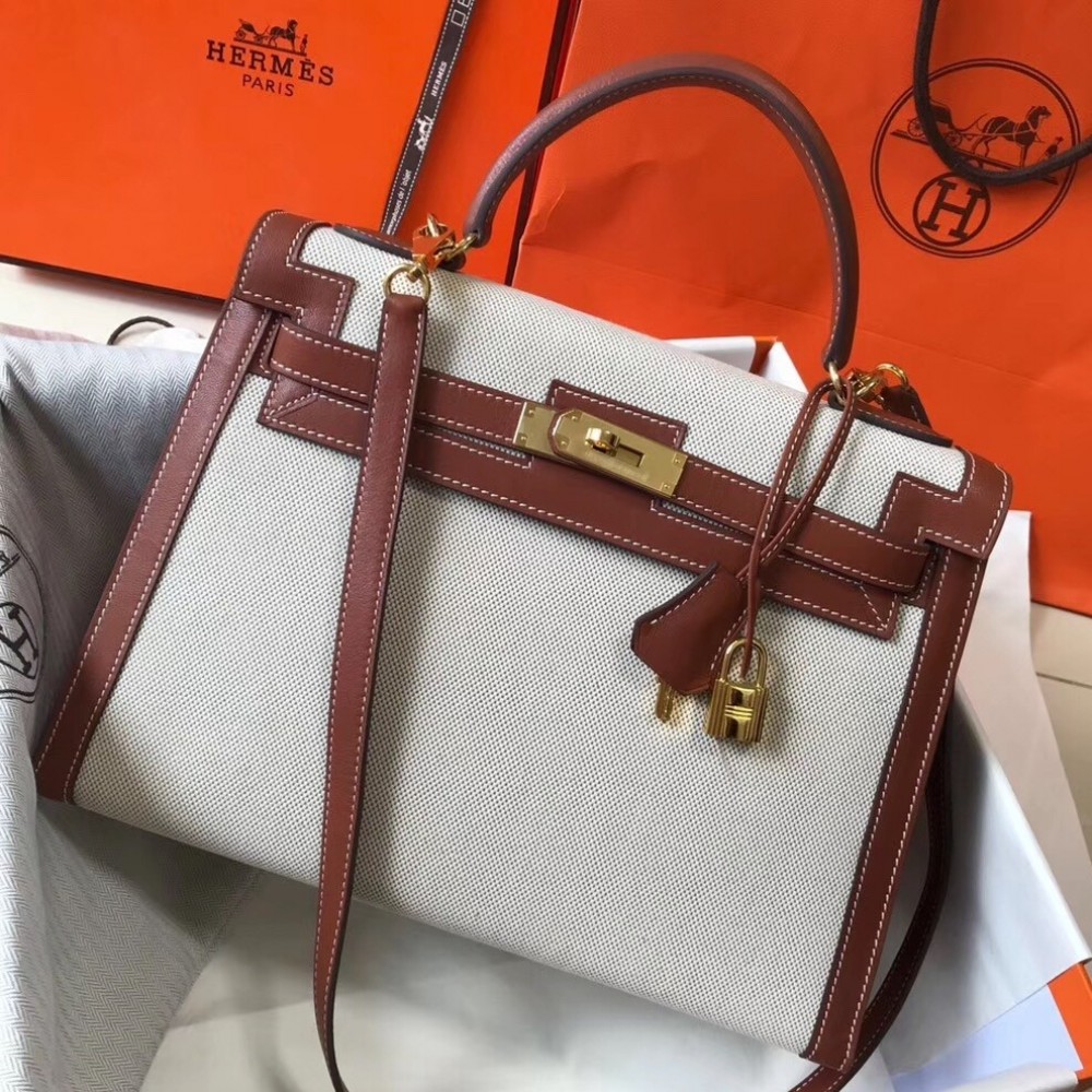 Hermes Kelly 32cm Sellier Bag In Canvas With Barenia Leather LDBS242400