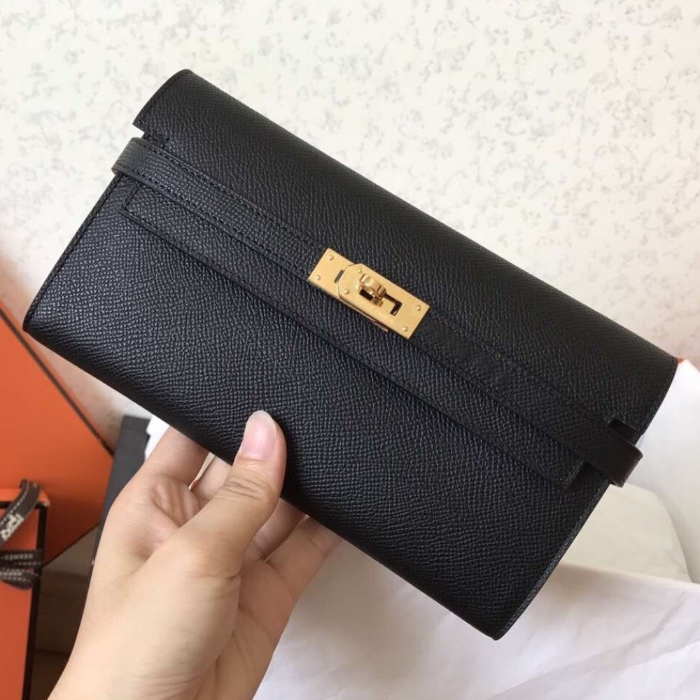 Hermes Kelly Classic Long Wallet In Black Epsom Leather LDBS242401