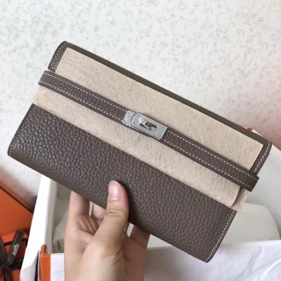 Hermes Kelly Classic Long Wallet In Etoupe Clemence Leather LDBS242406