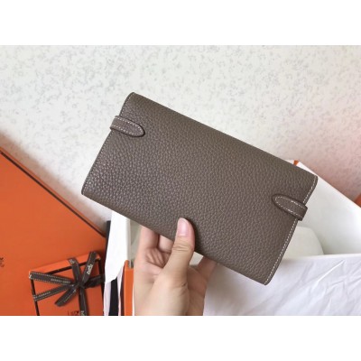 Hermes Kelly Classic Long Wallet In Etoupe Clemence Leather LDBS242406