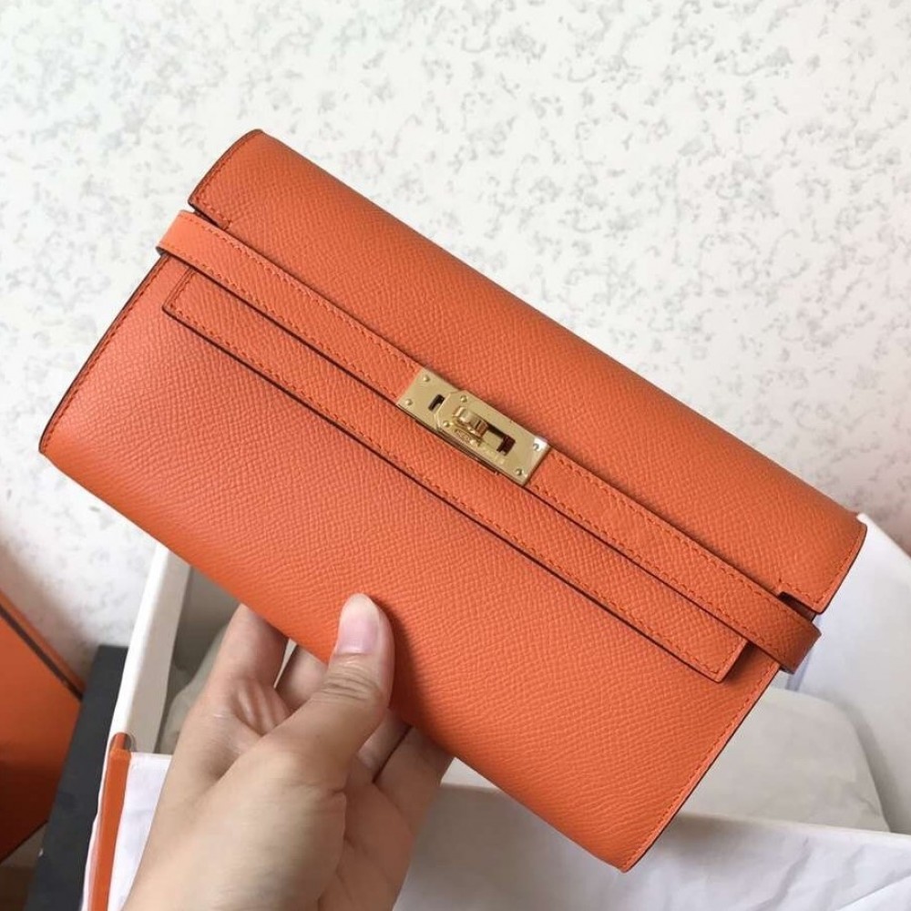 Hermes Kelly Classic Long Wallet In Orange Epsom Leather LDBS242411