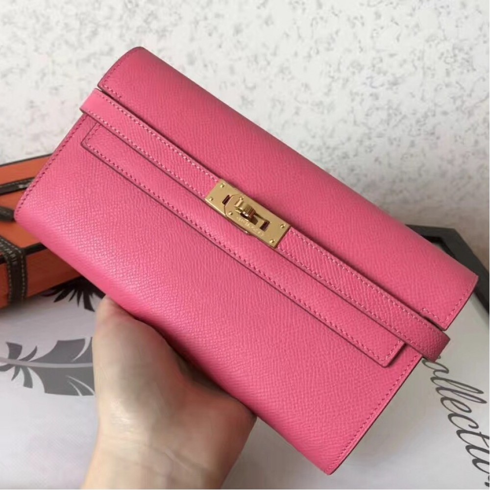 Hermes Kelly Classic Long Wallet In Pink Epsom Leather LDBS242412