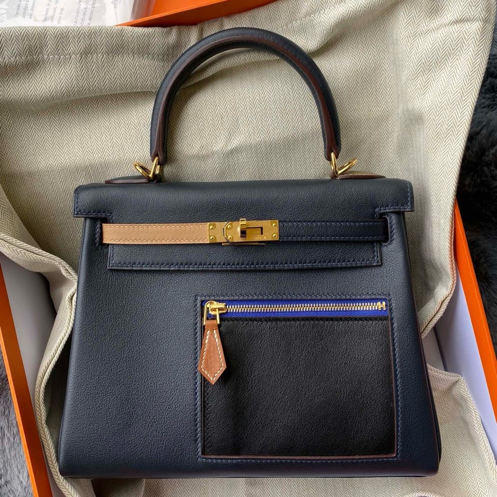 Hermes Kelly Colormatic 25 Handmade Bag in Blue Nuit Swift Leather LDBS242434