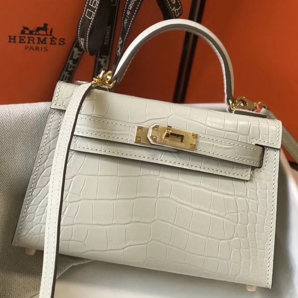 Hermes Kelly Mini II Bag In Beton Crocodile Embossed Leather LDBS242461